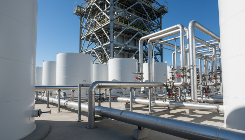 Generatedimage_1785022831795 Tanques industriais de eletrólito das baterias de fluxo redox em sistema de armazenamento de longa duração.