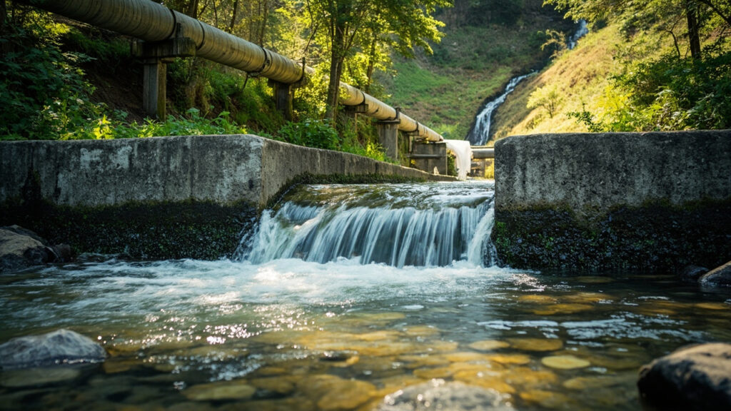 Estrutura de captação e desvio de água no leito de um rio para sustentação de hidrelétrica rural