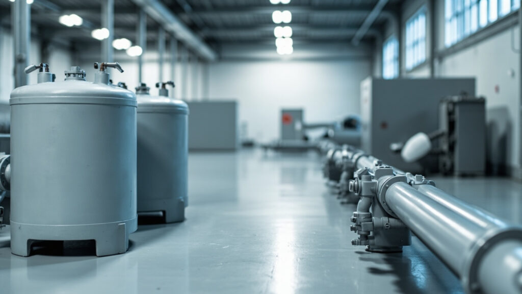 Tanques de eletrólito e tubulações de uma bateria de fluxo redox instalados em galpão industrial