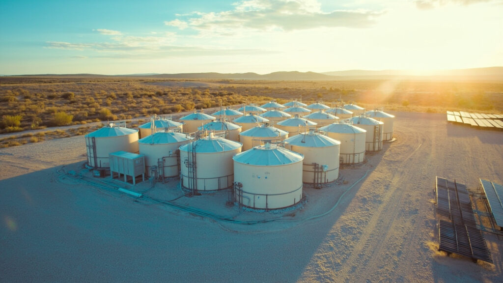 Sistema de bateria de fluxo redox com tanques e contêineres em terreno plano ao lado de painéis solares