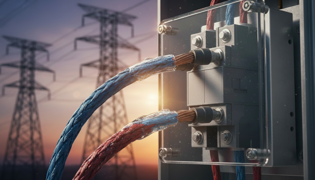 Seção Alt Text: Cabos elétricos industriais conectados a um sistema de distribuição interna de média tensão, representando a infraestrutura de abastecimento de uma empresa que migrou para o mercado livre de energia.