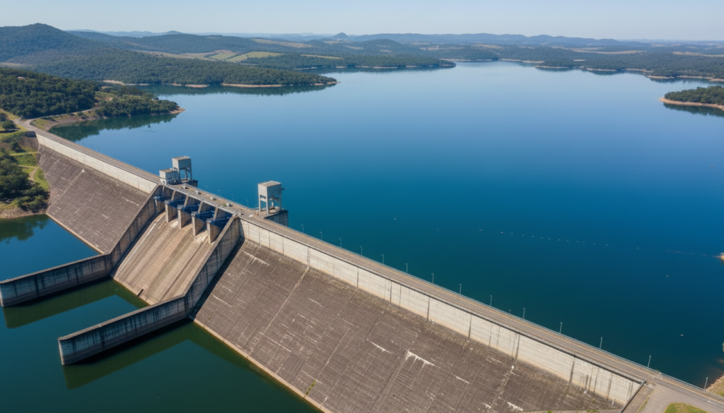 Vista aérea de uma grande usina hidrelétrica com reservatório cheio, ilustrando a principal fonte de geração que impacta os preços no mercado livre de energia brasileiro.