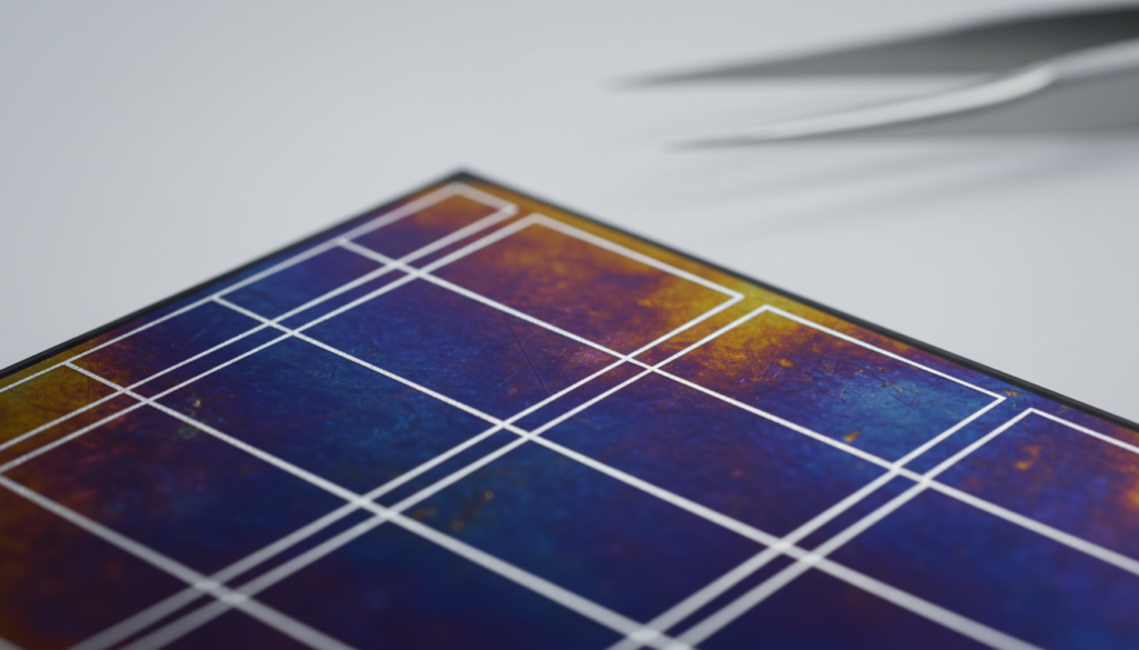 Célula solar tandem de perovskita e silício em um laboratório de alta tecnologia exibindo cores iridescentes na superfície.