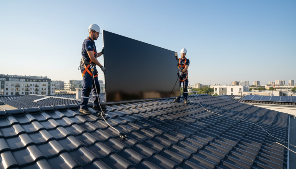 Técnicos instalando um moderno painel solar tandem no telhado de uma casa durante um dia ensolarado.