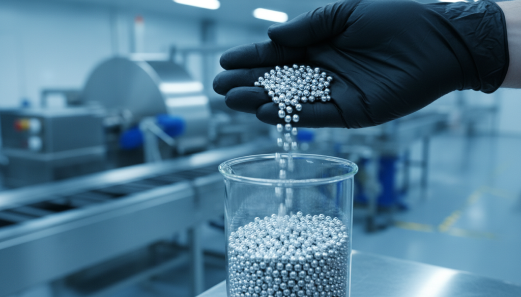 Mão com luva segurando pequenas bolinhas prateadas de silício granular feito em reator FBR.