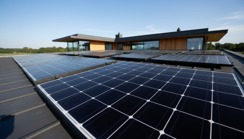 Fotografia em close de um painel solar moderno instalado no telhado residencial para captação de energia limpa.