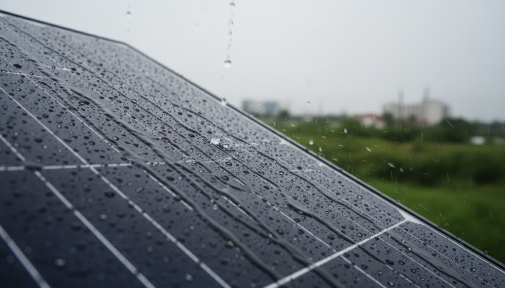 Gotas de chuva escorrendo pela superfície de um painel solar avançado mostrando o efeito de autolimpeza sob o clima úmido.