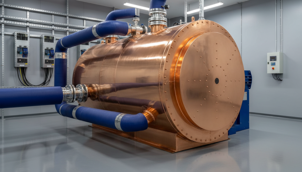 Caldeira elétrica de alta eficiência instalada em uma fábrica limpa, representando o avanço da transição energética na indústria manufatureira.