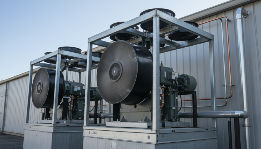 Sistema moderno de bomba de calor industrial para aquecimento de água e processos térmicos sem uso de combustíveis fósseis, acelerando a transição energética corporativa.