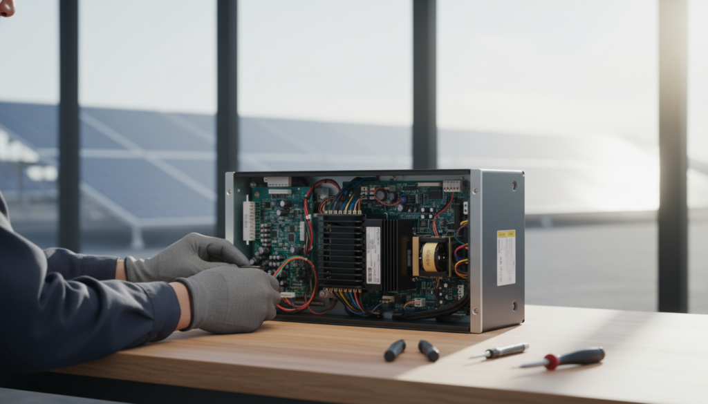 Técnico especializado trabalhando na manutenção e reuso de inversores para apoiar a transição energética sustentável no setor elétrico.