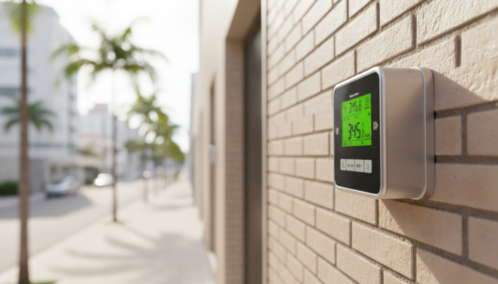 Fotografia em close-up de um medidor digital inteligente instalado na fachada de um prédio, peça fundamental para o funcionamento das smart grids urbanas, monitorando o consumo de energia em tempo real.