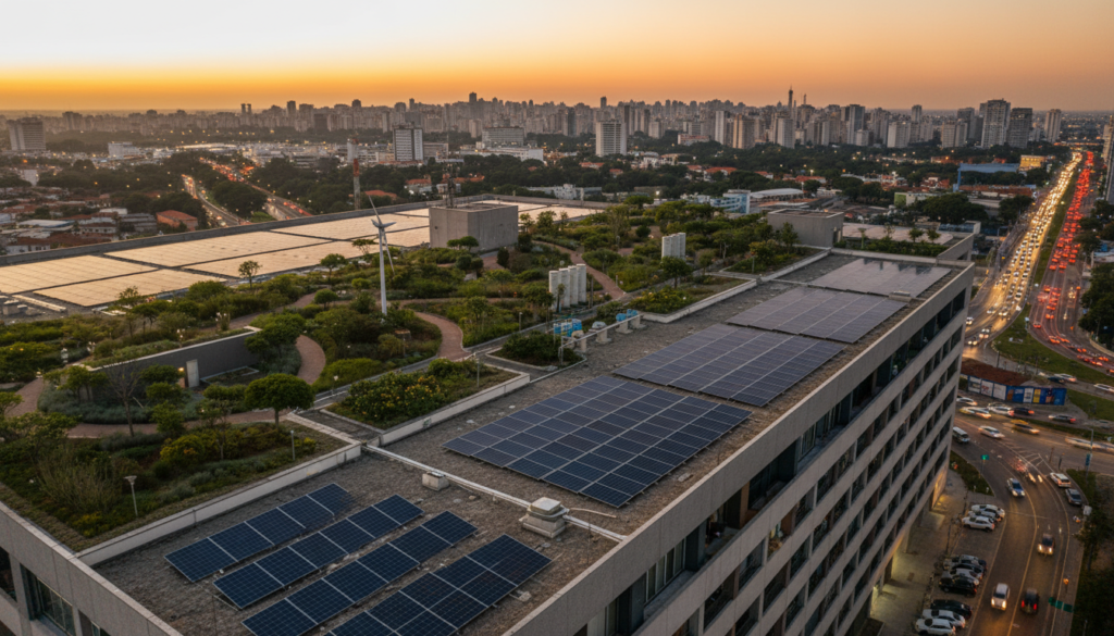 Vista aérea de drone mostrando telhados de um condomínio urbano repletos de painéis solares fotovoltaicos ao pôr do sol, ilustrando a geração descentralizada de energia em microgrids integradas às cidades inteligentes.