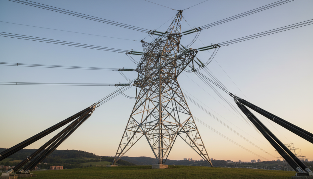 Linhas de transmissão de alta tensão conectadas em uma torre central, ilustrando o conceito de união de demandas no mercado livre de energia.