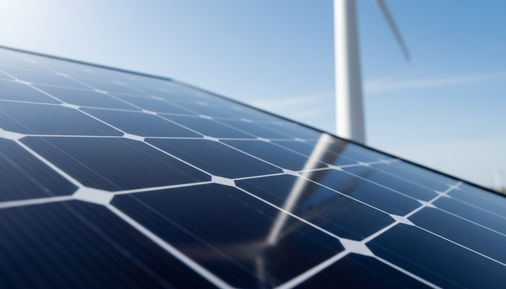 Detalhe de placa solar de silício refletindo usina eólica, representando a geração limpa consumida por pequenas empresas no mercado livre de energia.