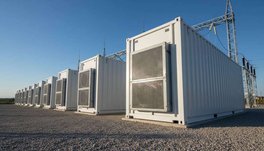 Fileira de contêineres brancos de um sistema de armazenamento de energia em uma planta industrial, ilustrando a infraestrutura necessária para mitigar os desafios do BESS.