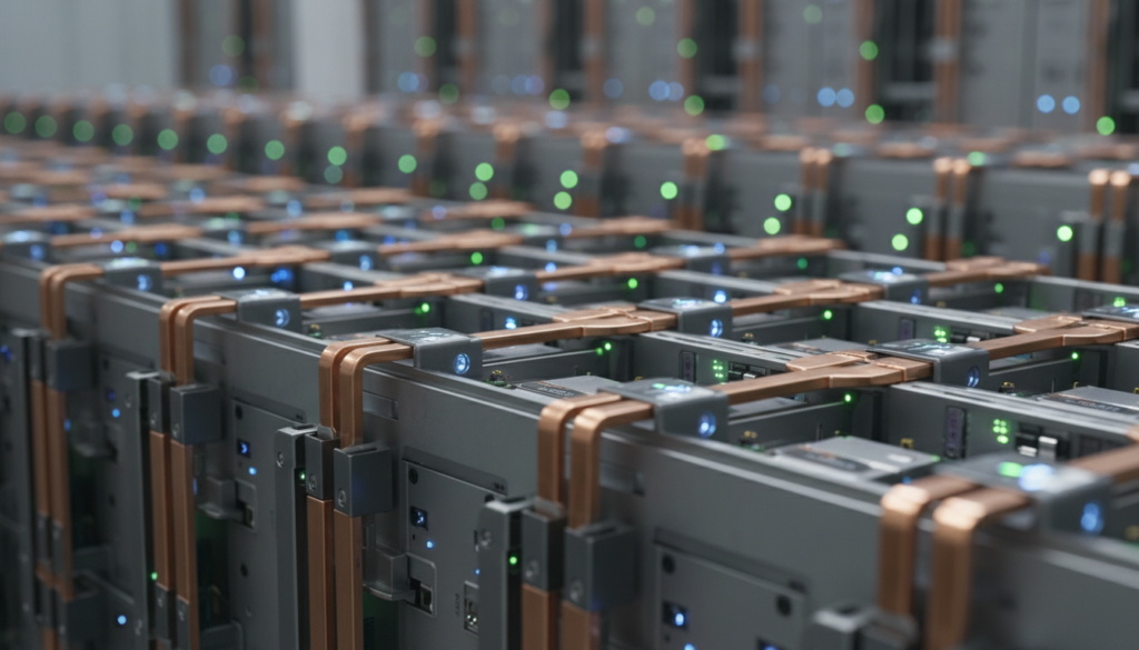 Módulos e conexões internas de alta tecnologia de células de bateria industrial, evidenciando os componentes químicos que definem os desafios do BESS.