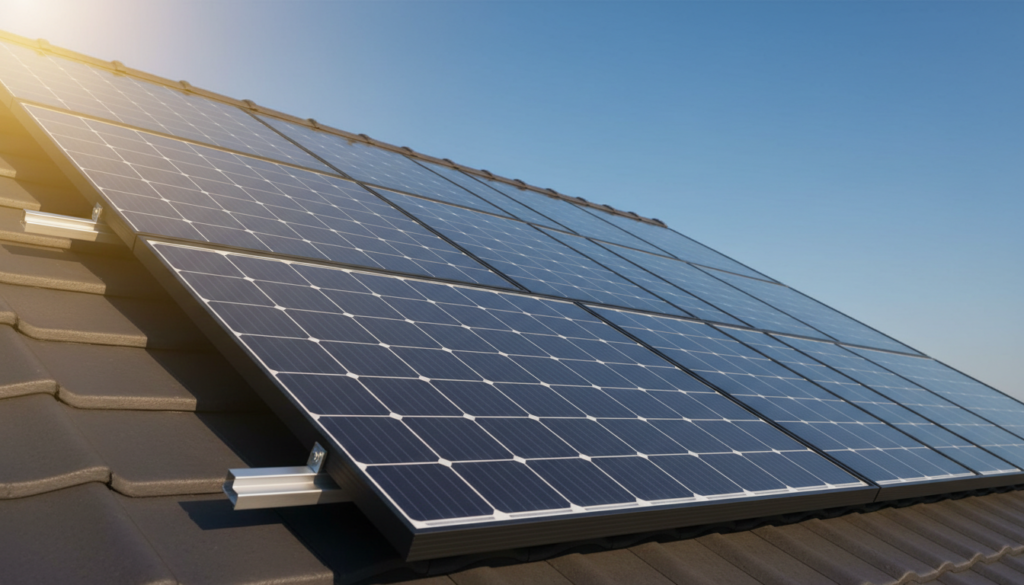 Módulos fotovoltaicos modernos instalados em telhado demonstrando a durabilidade da tecnologia de painel solar de silício sob luz solar intensa.