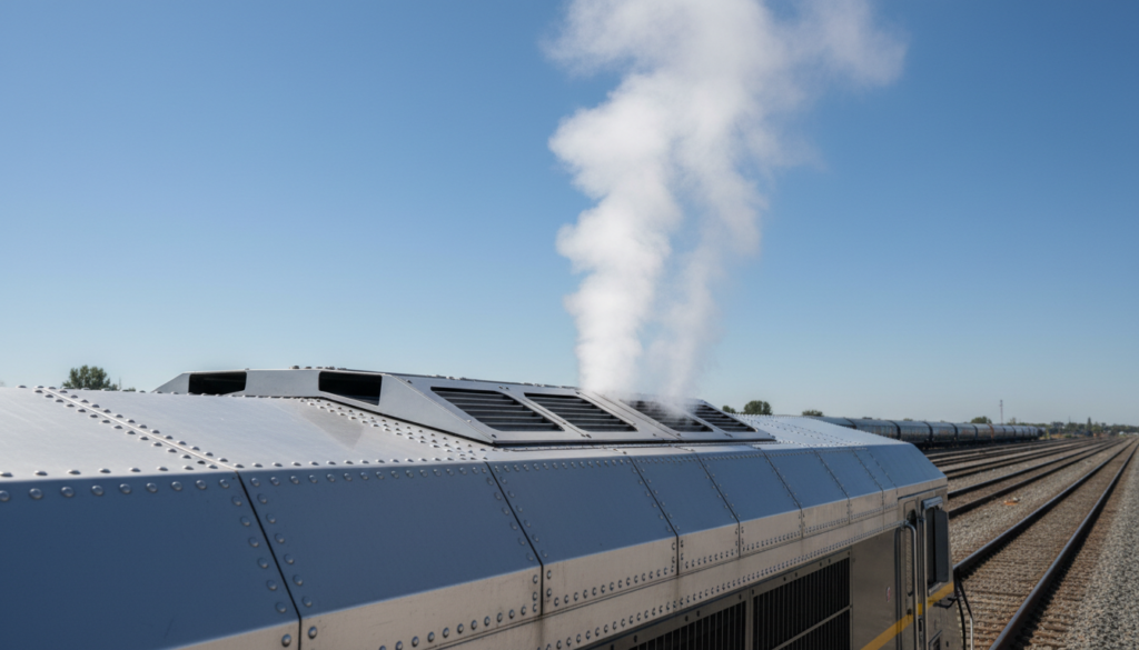 Detalhe do teto de uma locomotiva de carga FCEV, mostrando a dissipação sutil de vapor de água limpa gerado pelo sistema de hidrogênio verde.