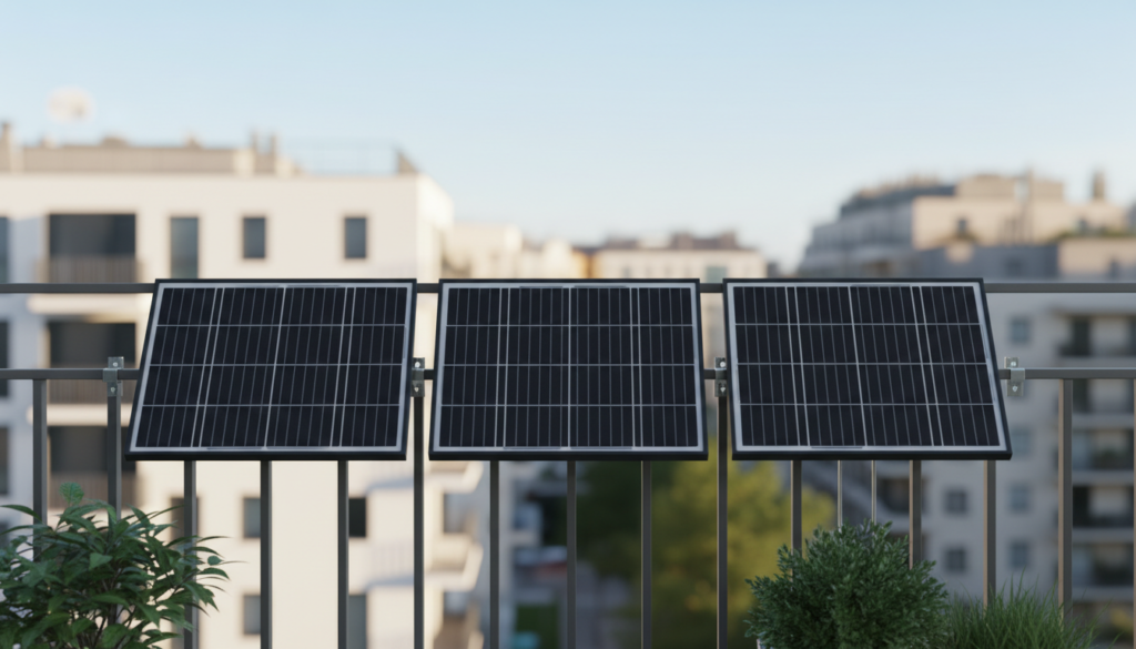 Painéis compactos de energia solar na sacada de um apartamento moderno em dia ensolarado.