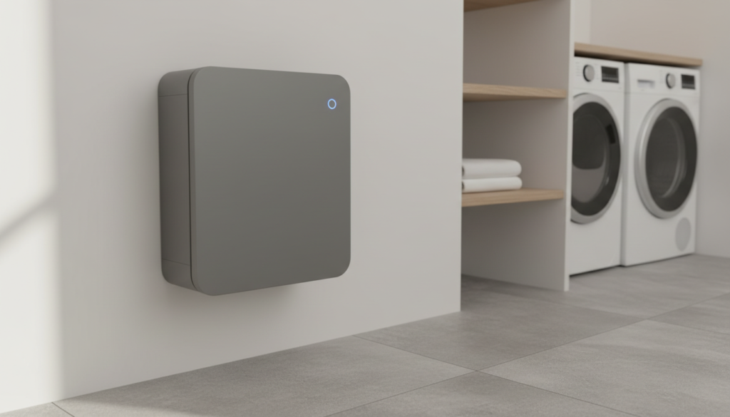 Sistema compacto de bateria de lítio para energia solar instalado de forma organizada na parede de uma área de serviço residencial.
