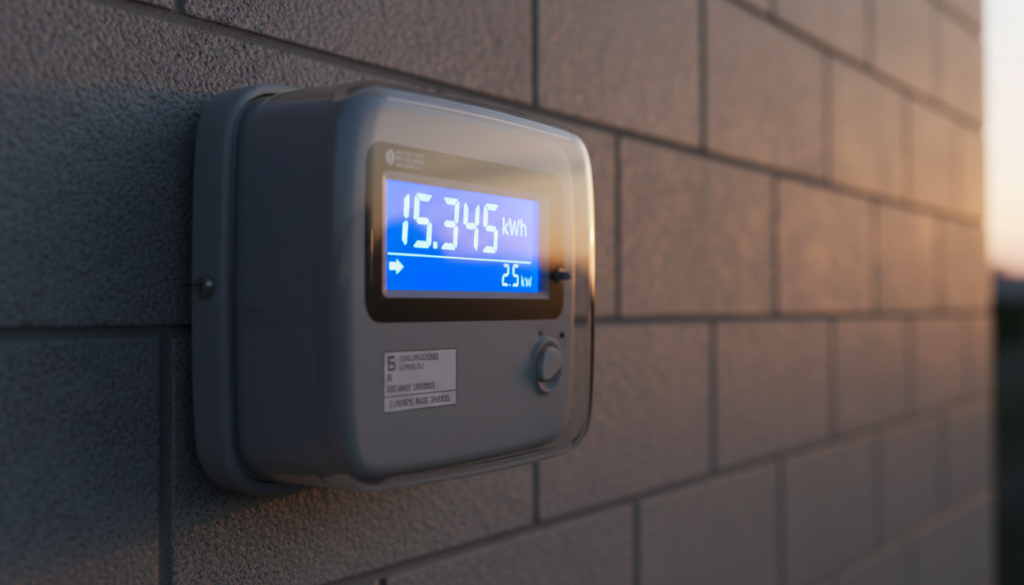 Relógio medidor digital de energia fixado em parede externa durante a noite, mostrando a economia real gerada pelo sistema BESS instalado com painéis solares.