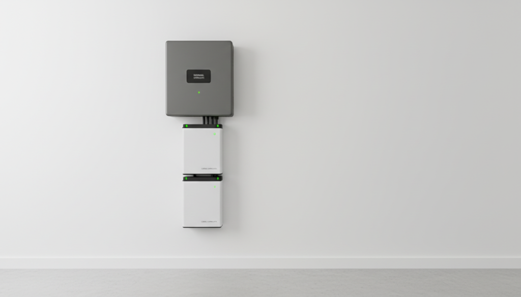 Módulos modernos de baterias de lítio fixados na parede abaixo do inversor híbrido, demonstrando a montagem correta do sistema BESS instalado com painéis solares.