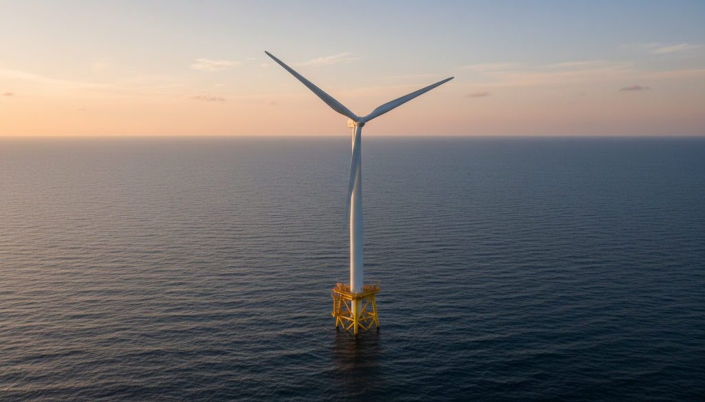 Turbina de energia eólica no mar instalada sobre base amarela em águas profundas durante o pôr do sol.