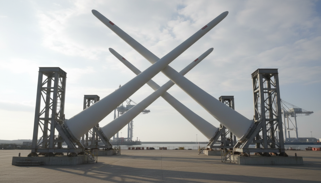 Pás de torres de energia eólica armazenadas em pátio industrial portuário perto do mar.