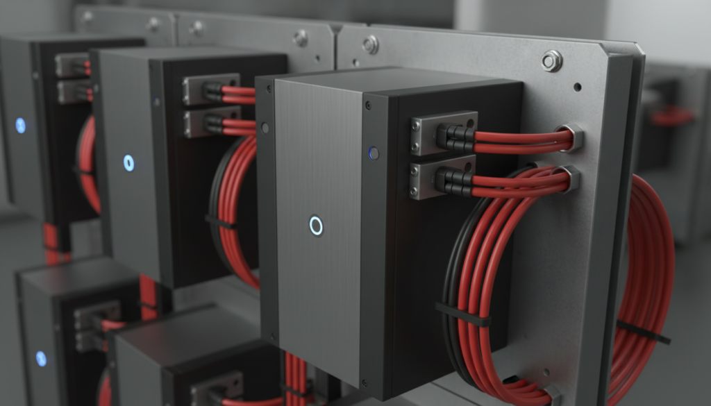 Módulo industrial de bateria LFP montado em rack metálico com cabos de alta voltagem e indicadores LED.