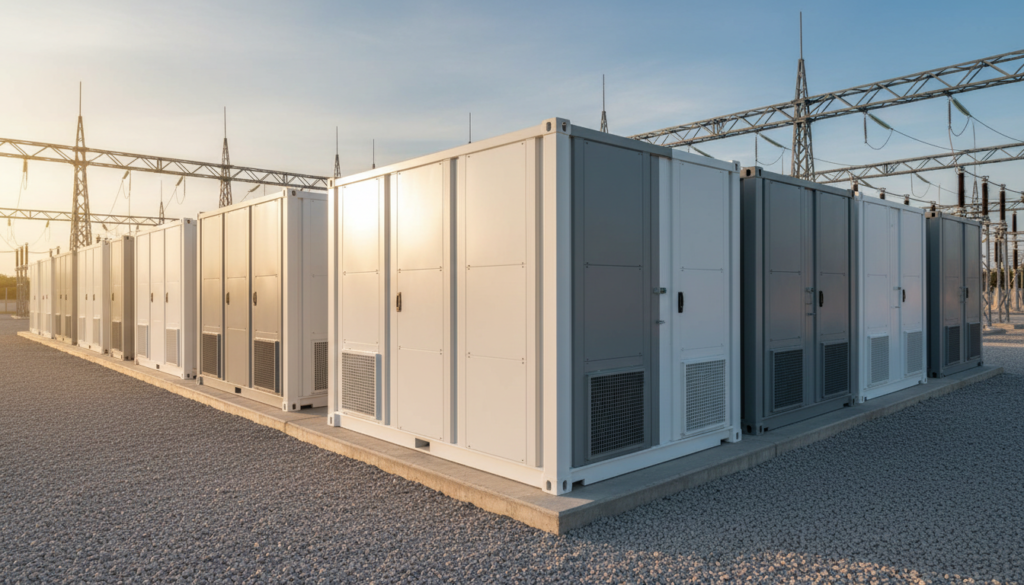 Sistema BESS modular em contêineres com bateria LFP instalado em subestação industrial.