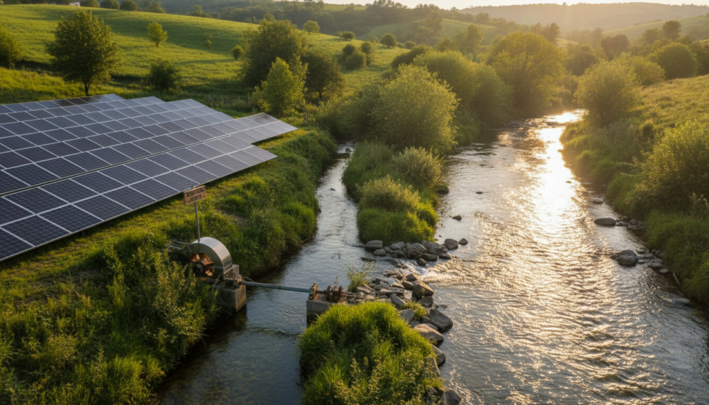 Generatedimage_1785180519983 sistema híbrido de energia solar e micro hidrelétrica instalado em propriedade rural