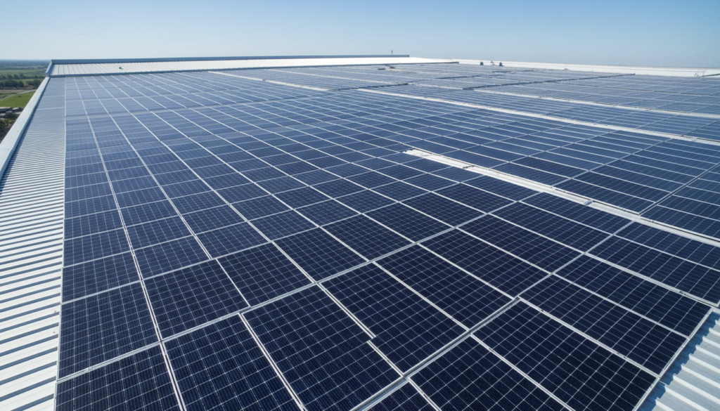 Arranjo fotovoltaico instalado em telhado captando energia solar com painéis de alta tecnologia TOPCon.