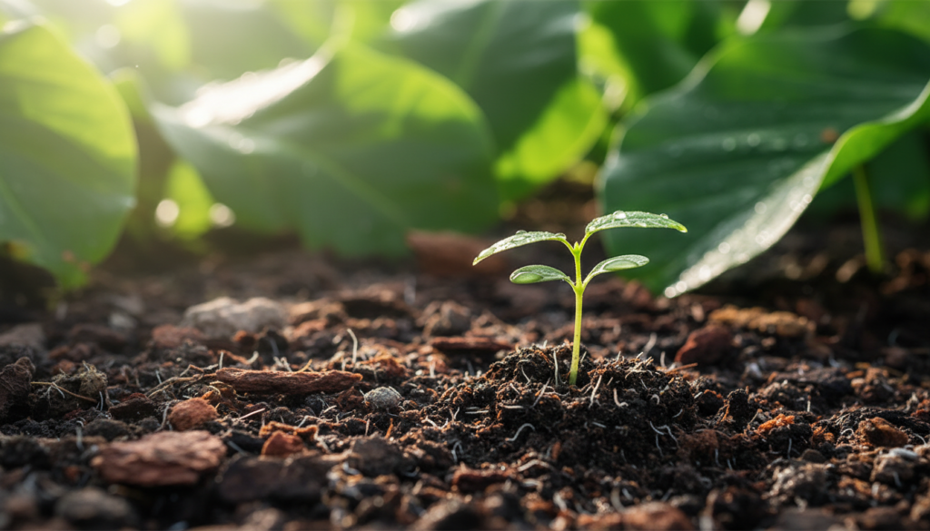 Muda de árvore nativa crescendo em solo úmido em projeto para gerar crédito de carbono em propriedade rural.