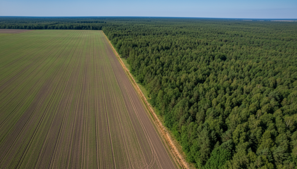 Vista aérea de floresta preservada e lavoura sustentável prontas para inventário de crédito de carbono.