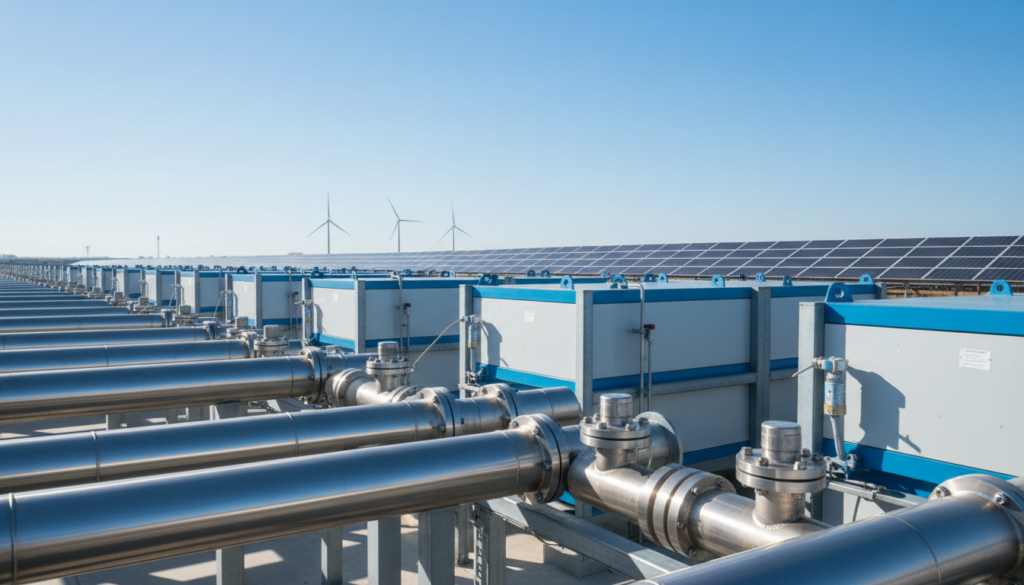 Equipamentos industriais de eletrólise para a produção de hidrogênio verde alimentados por energia renovável.
