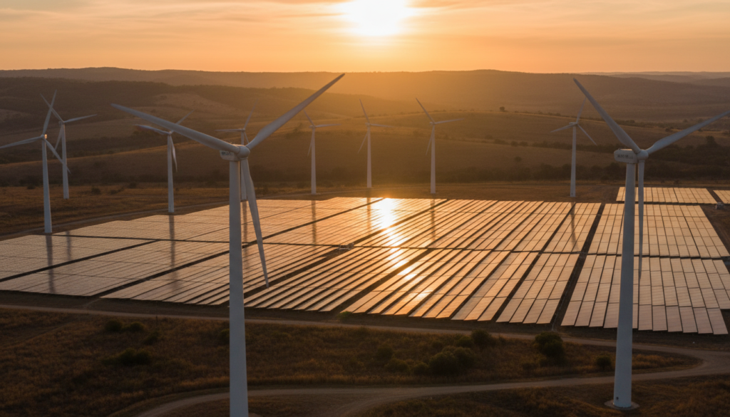 Parque eólico e solar gerando energia limpa e sustentável para empresas no mercado livre de energia.