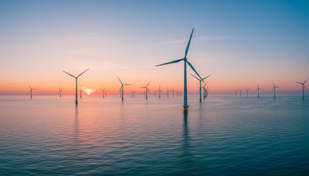 Vista panorâmica de um parque eólico offshore instalado no mar ao amanhecer.