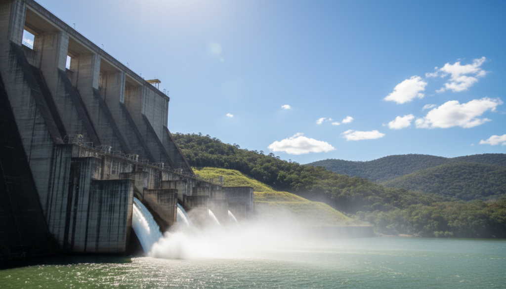 Usina hidrelétrica com água fluindo pelos vertedouros, representando a principal fonte da matriz energética brasileira.