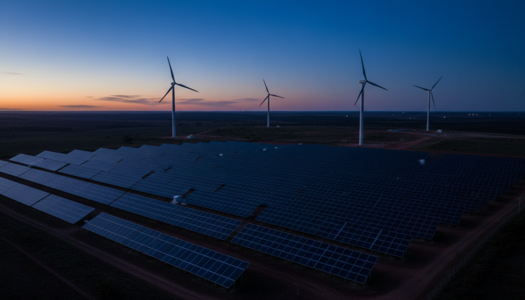 Parque solar com turbinas eólicas ao fundo representando fontes limpas na matriz energética do Brasil.
