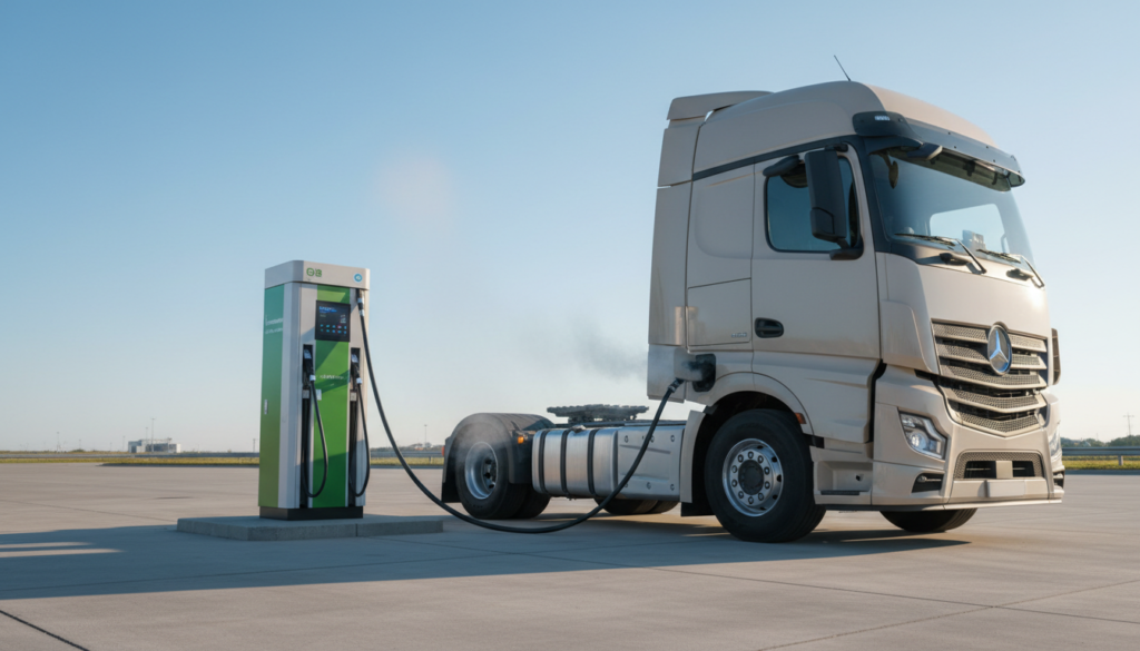 Caminhão pesado de frota comercial abastecendo com biometano em terminal logístico