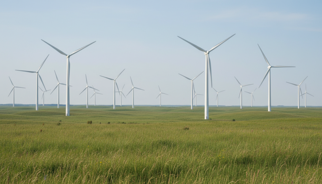 Parque eólico onshore instalado em vasta área de vegetação continental sob céu limpo.