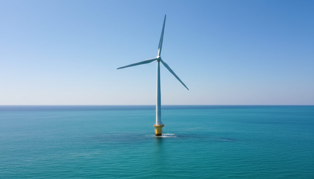 Turbina de parque eólico offshore instalada em águas profundas no oceano.