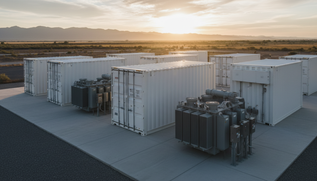 Generatedimage_1787394192947 Sistema de armazenamento de energia em baterias BESS instalado em ambiente industrial para otimização do LCOS.