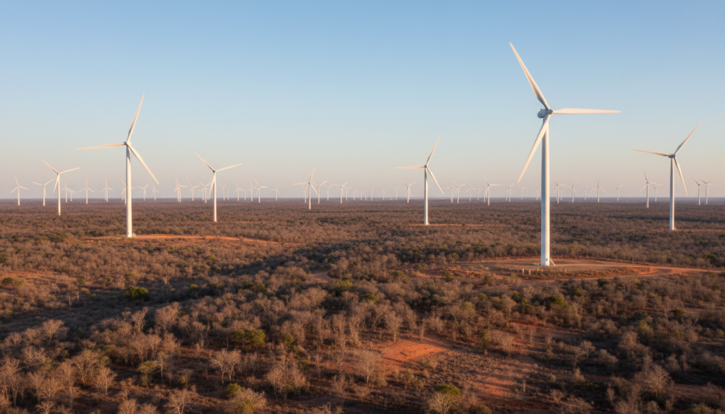 Generatedimage_1787759572596 Aerogeradores brancos de um grande parque eólico no Nordeste instalados na paisagem natural da Caatinga no Piauí.
