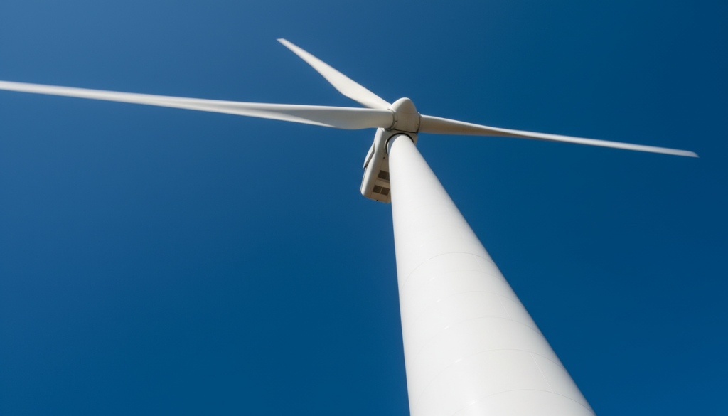 Generatedimage_1787759610178 Detalhe das pás de uma turbina em um parque eólico no Nordeste sob o céu azul.