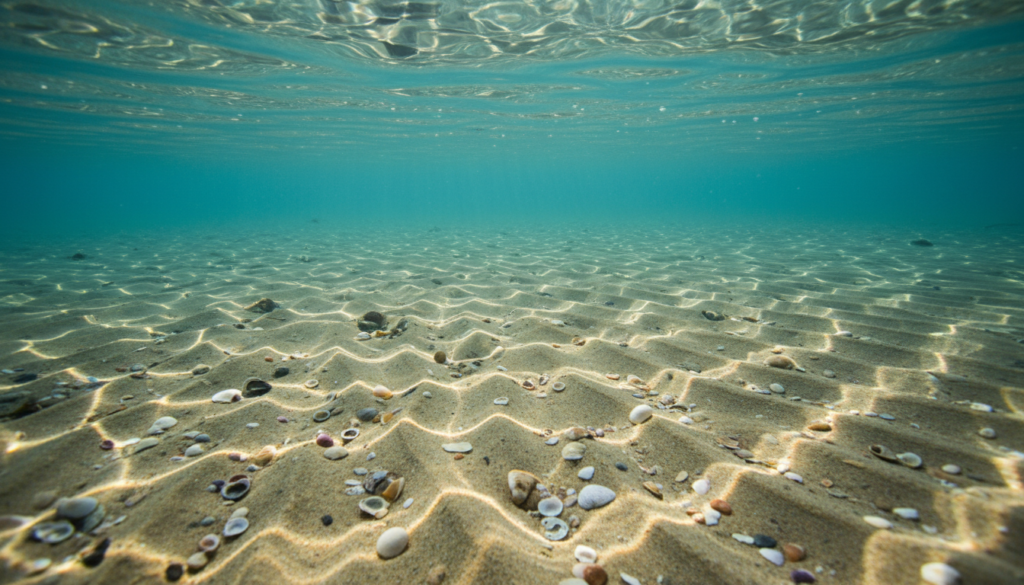 Areia fina e sedimentos no fundo do mar sob o fluxo da água para exemplificar os impactos ambientais da energia maremotriz.