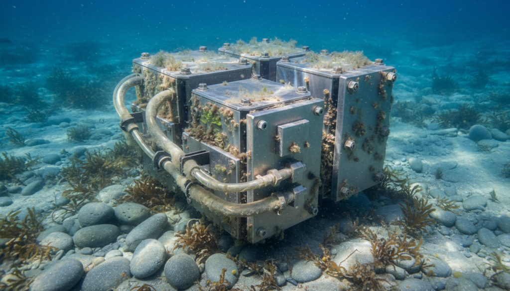 Equipamento submerso de usina de energia maremotriz no leito do oceano.
