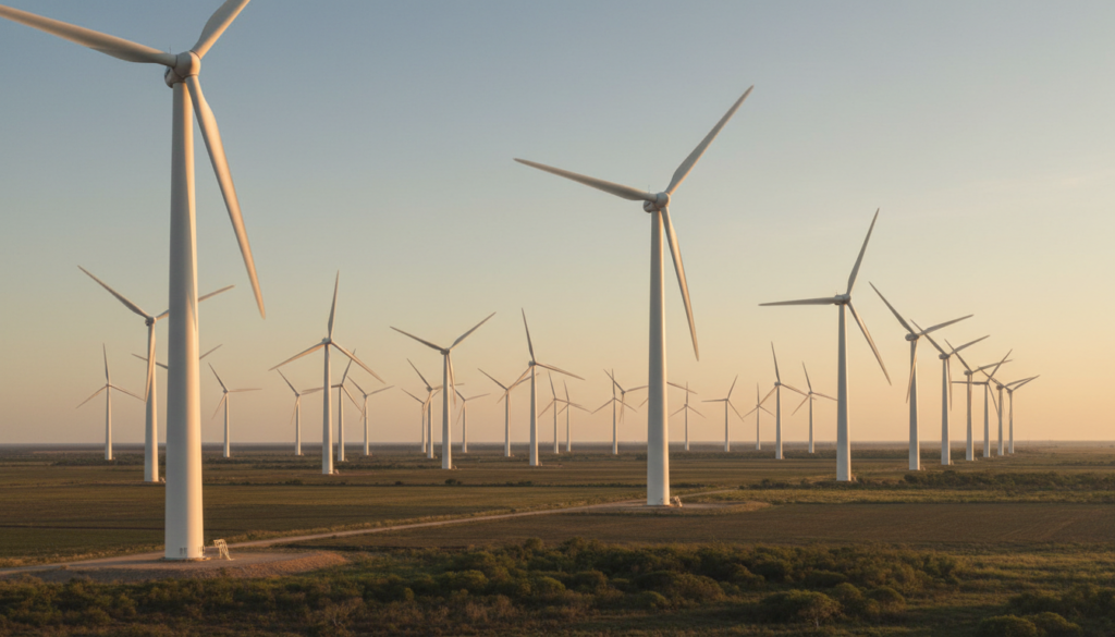 Generatedimage_1788819521893 Parque de energia eólica no Brasil com aerogeradores em operação para o Mercado Livre de Energia.