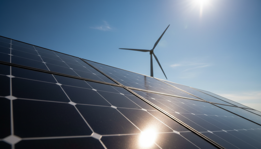 Generatedimage_1788990185615 Painéis solares fotovoltaicos e aerogerador eólico representando fontes renováveis de energia limpa negociadas no mercado livre.