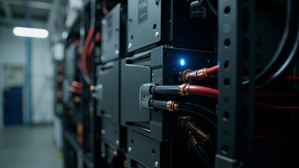 Banco de bateria solar de lítio LFP instalado em rack de ambiente técnico.